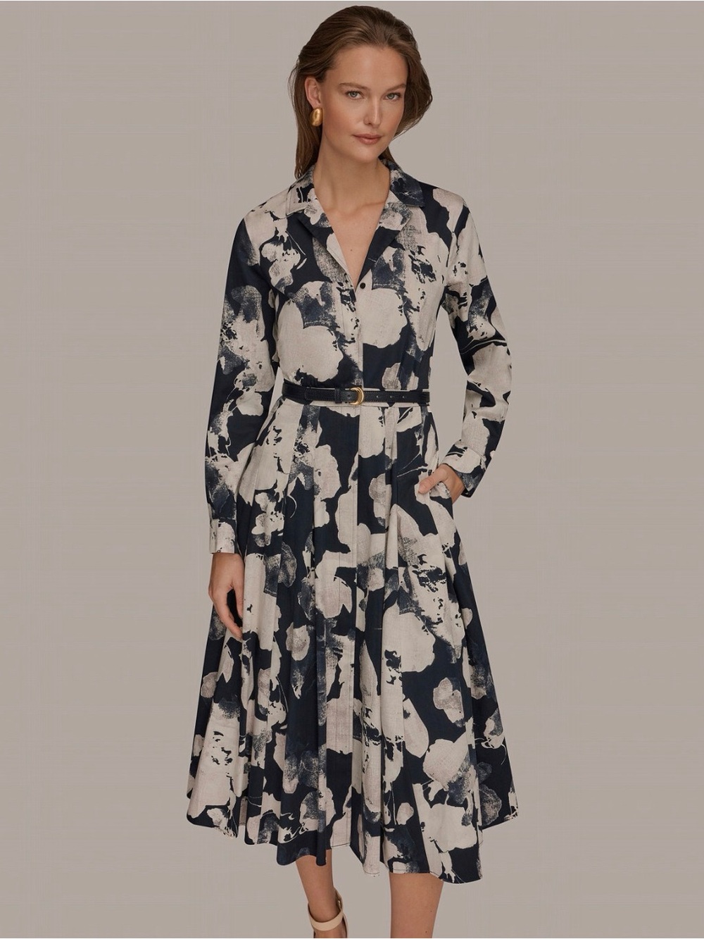 Donna Karan Women Long-Sleeve Collared Belted Dress. Size 10. Nightfall Multi - Picture 1 of 6